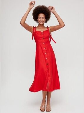 Aritzia Wilfred Rosalie Red Linen Button Front Midi Dress Size 4 100% Linen